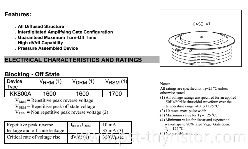 High Power Thyristor for Inverter YZPST-KK800A1600V